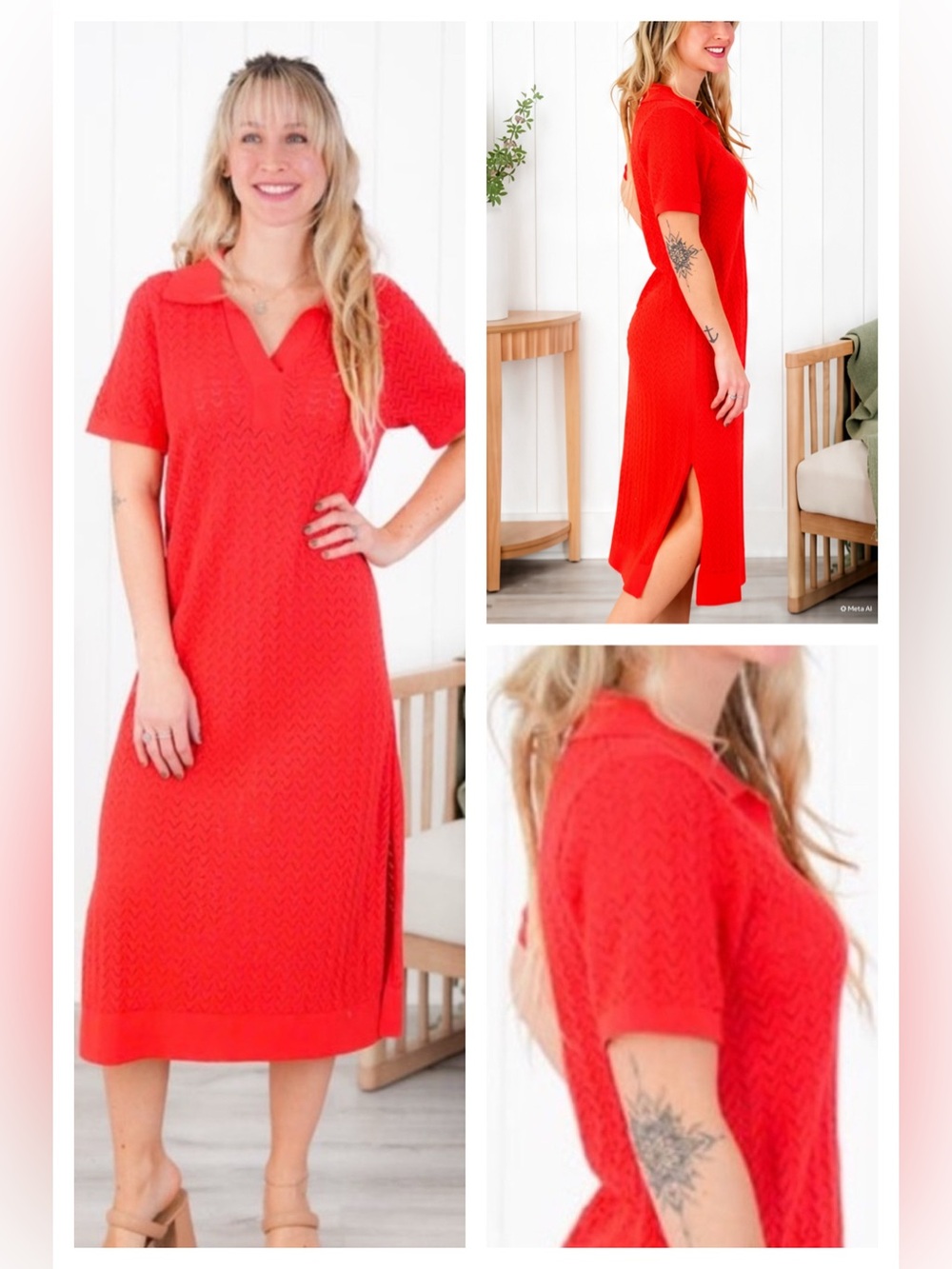 NWT Heyson Bright Red Knit Polo Collared Collar Midi Sweater Dress Leg Slit